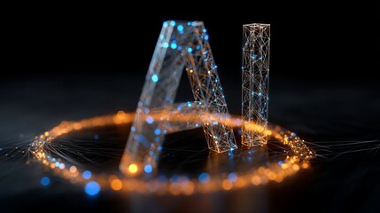 A futuristic 3D rendering of a glowing letter with a neon circle and blue dots on a dark background