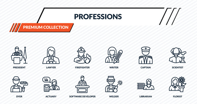 professions icons set - president, lawyer, firefighter, actuary, florist outline vector collection.