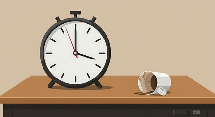 alarm clock and a spilled coffee cup on a wooden desk symbolizing the morning rush time pressure or an unexpected accident.