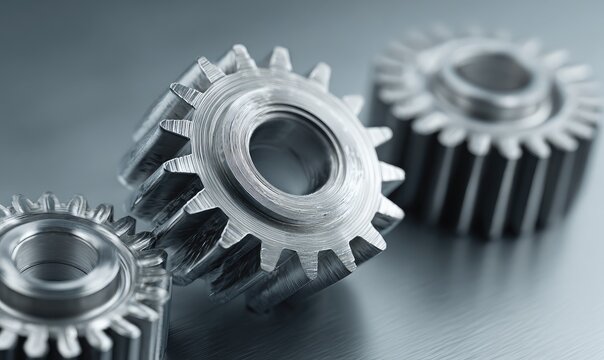 Three shiny metal gears close-up on a brushed metal surface