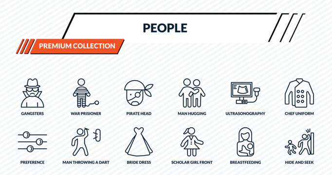 people icons set - gangsters, war prisioner, pirate head, man throwing a dart, hide and seek outline vector collection.