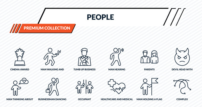 people icons set - cinema award, man walking and smoking, tumb up business man, businessman dancing, complex outline vector collection.