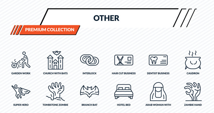 other icons set - garden work, church with bats, interlock, tombstone zombie hand, zambie hand outline vector collection.