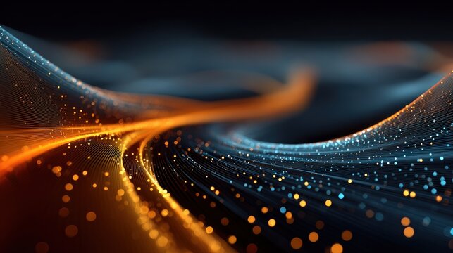 Futuristic abstract data flow background with glowing orange and blue light trails and luminous particles, symbolizing technology and networks.