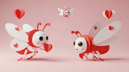 Two cute cartoon bees with hearts on wings in love, Valentine's Day theme