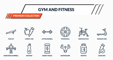 Fototapeta premium gym and fitness icons set - push up, carrot and, lifting barbell, isotonic, good diet outline vector collection.