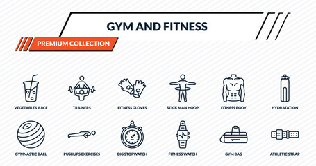 Fototapeta premium gym and fitness icons set - vegetables juice, trainers, fitness gloves, pushups exercises, athletic strap outline vector collection.