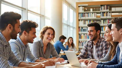 Fototapeta premium Diverse group of young adults collaborating on laptops in a modern library with large windows and bookshelves