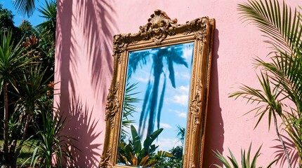 An antique gilded mirror stands against a bright pink wall, reflecting lush tropical palm fronds and a clear blue sky with fluffy clouds, suggesting a serene, exotic locale.