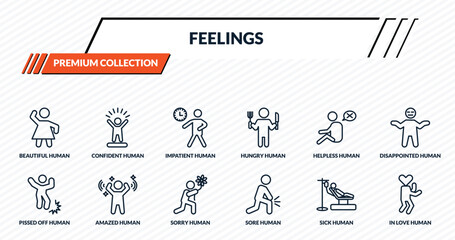 Fototapeta premium feelings icons set - beautiful human, confident human, impatient human, amazed in love outline vector collection.
