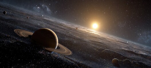 Fototapeta premium Saturn-like planet and its rings, moons, and sun in cosmic scene