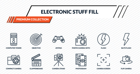 electronic stuff fill icons set - computer tower, objective, joypad, clapperboard, flip camera outline vector collection. © IconArt