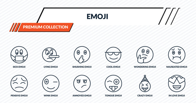 emoji icons set - sick emoji, lying emoji, shushing wink in love outline vector collection.