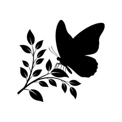 Fototapeta premium Bold Black Silhouette of a Butterfly on a Branch with Leaves and Implied Airflow