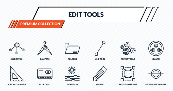edit tools icons set - allocation, calipers, folders, blue card, registration mark outline vector collection.