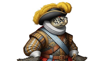 Regal turtle in historical attire standing proudly with ornate armor and feathered hat
