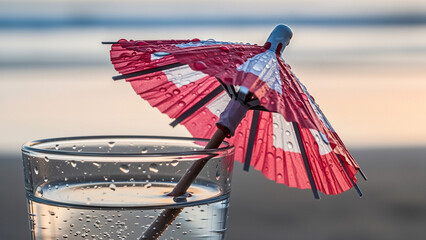 Cocktail umbrella in glass with droplets on beach background  