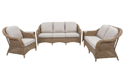 A complete set of woven outdoor furniture featuring a spacious three-seater sofa and two matching armchairs, all with comfortable light beige cushions.