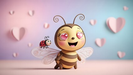 Cute cartoon bee with heart eyes and a ladybug on Valentine's Day.