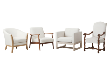 Four unique upholstered armchairs featuring natural wood frames are presented against a transparent background, showcasing diverse styles and textures.