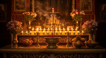 Incense sticks burning with candles and offerings on an altar. Hindu spiritual ritual for Dussehra holiday or Vijaya Dashami.