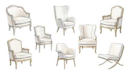 A curated group of ornate white accent chairs, each featuring plush upholstery, gold-toned accents, and elegant wooden legs, presented on a transparent background.