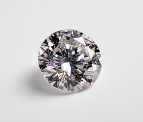 Faceted round gemstone, colorless, bright on white surface, small shadow