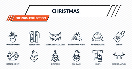 christmas icons set - happy snowman, doctor coat, celebration garlands, , reindeer antlers outline vector collection. © IconArt