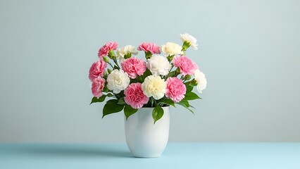 Fototapeta premium Beautiful bouquet of pink and white roses in a white vase on a light blue background