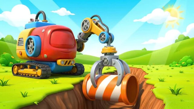 Colorful cartoon excavator with pipe