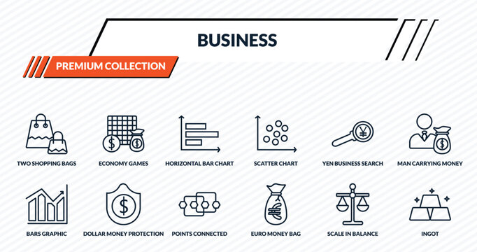business icons set - two shopping bags, economy games, horizontal bar chart, dollar money protection, ingot outline vector collection.