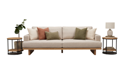 Comfortable Sofa With Decorative Pillows And Side Tables Featuring A Lamp And A Plant On A Transparent Background