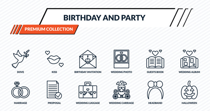 birthday and party icons set - dove, kiss, birthday invitation, proposal, halloween outline vector collection.