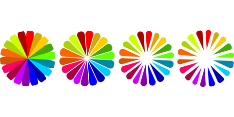 Set of Four Rainbow Flower Shaped Circular Icons with Radiant Petals and Spectrum Colors for...