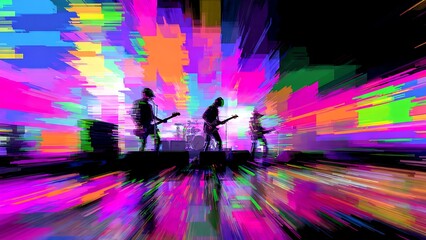 Band Performing on Stage with Bright Lights, Vibrant Colors Digital Art.