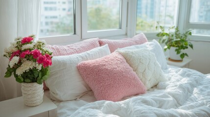 A bed with a white comforter and pink pillows