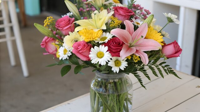 Vibrant flower arrangement in a glass vase on a table