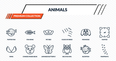 animals icons set - puffer fish, fish bone, pet bed, chinese panda bear, pawprints outline vector collection. © IconArt