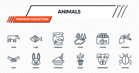 animals icons set - tapir, carp, fishbowl, animal, app bug outline vector collection. © IconArt