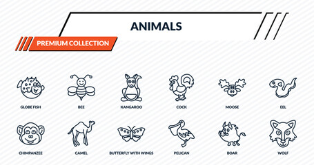 Obraz premium animals icons set - globe fish, bee, kangaroo, camel, wolf outline vector collection.