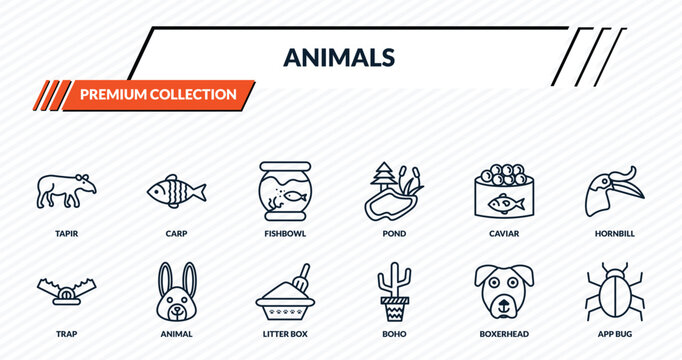 animals icons set - tapir, carp, fishbowl, animal, app bug outline vector collection.