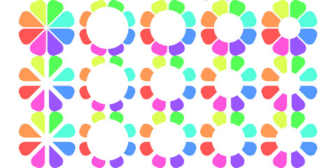 Grid of Stylized Rainbow Blossom Icons with Eight Petal Segments Arranged in Various Proportions
