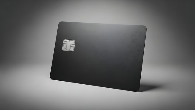 A sleek, minimalist black credit card with a silver EMV chip on a grey background, symbolizing modern finance.