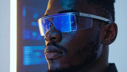 Young African American man wearing futuristic augmented reality glasses looking at virtual screen in modern office.