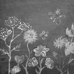Charming black and white floral composition with delicate butterflies dancing among wildflowers in a whimsical garden setting
