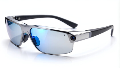 Modern smart glasses with reflective blue lenses and integrated camera on a white background, studio shot.