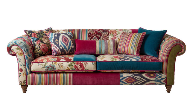 A detailed view of a comfortable, bohemian-style sofa featuring an eclectic patchwork of fabrics with vibrant geometric patterns, florals, and solid colors, isolated on a transparent background.