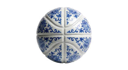 Blue and white porcelain basketball with traditional floral pattern and ceramic texture isolated on transparent background