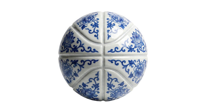 Blue and white porcelain basketball with traditional floral pattern and ceramic texture isolated on transparent background