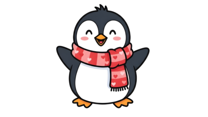 Adorable happy cartoon penguin character wearing red winter scarf with hearts isolated PNG with Transparent Background